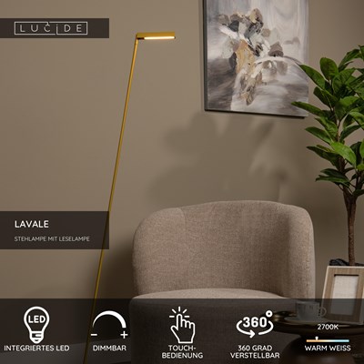 Lucide LAVALE - Stehlampe Mit Leselampe - LED Dim. - 1x3W 2700K - Ockergelb